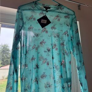 Sheer Teal Graphic Long Sleeve Top